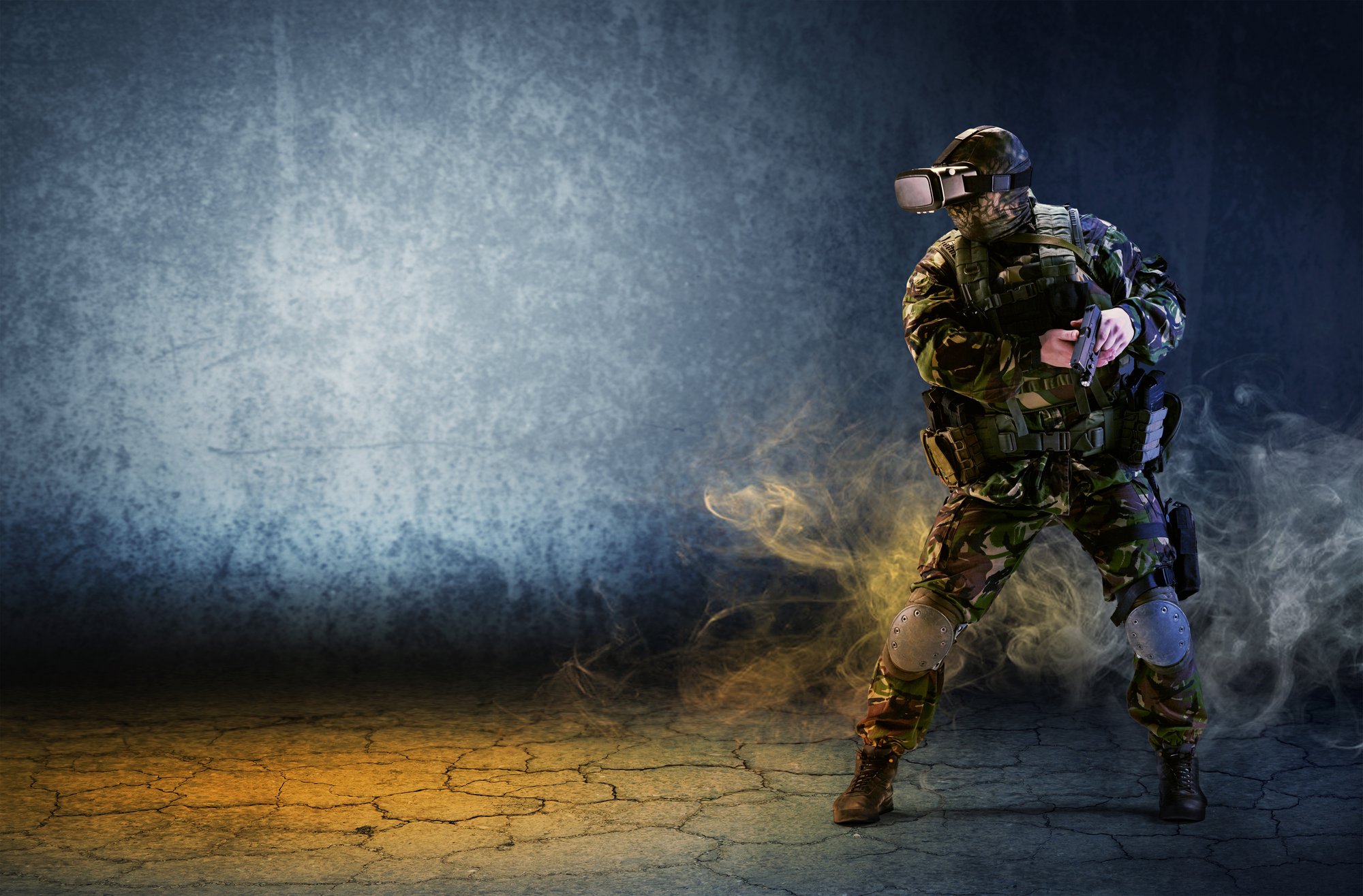 Soldier wearing VR headset holding a weapon Soldier wearing VR headset holding a weapon