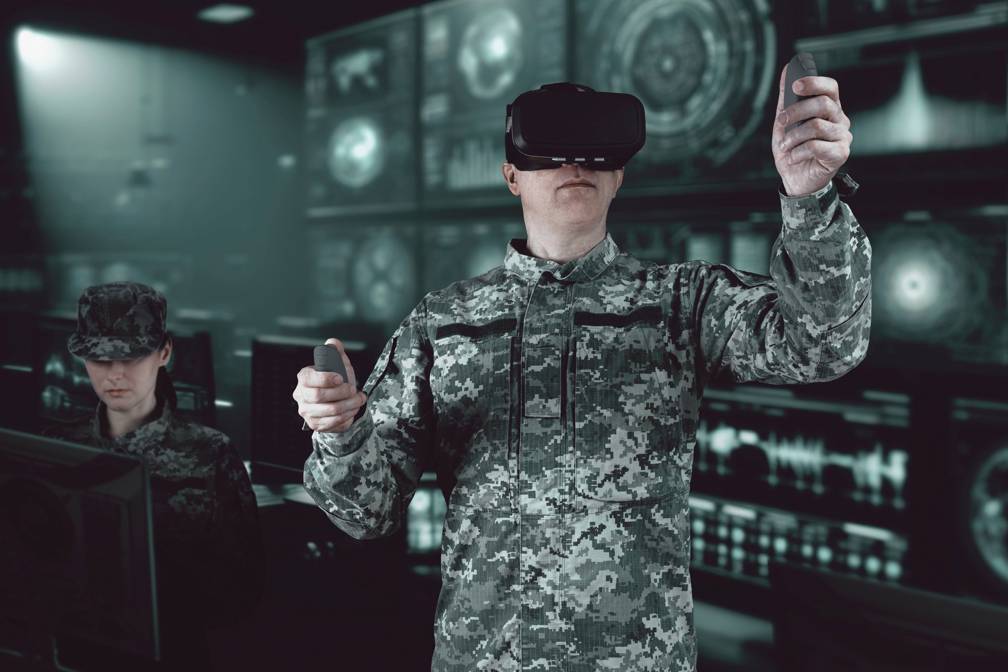 Soldier using VR in a training room Soldier using VR in a training room